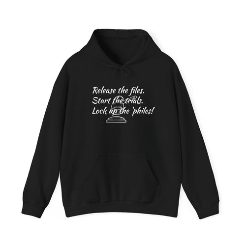 Hoodie — "Release the Files, Start the Trials, Lock Up the Philes!" Cozy Script Graphic Hoodie