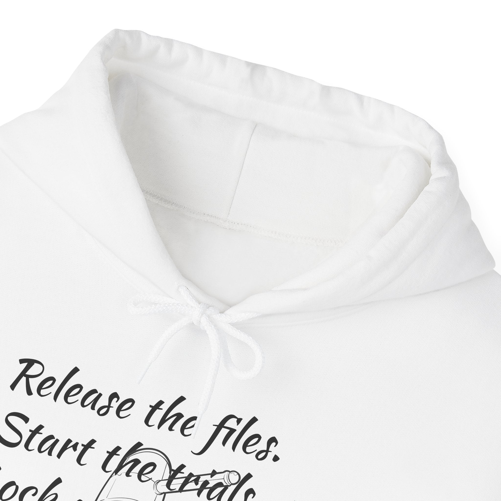 Hoodie — "Release the Files, Start the Trials, Lock Up the Philes!" Cozy Script Graphic Hoodie